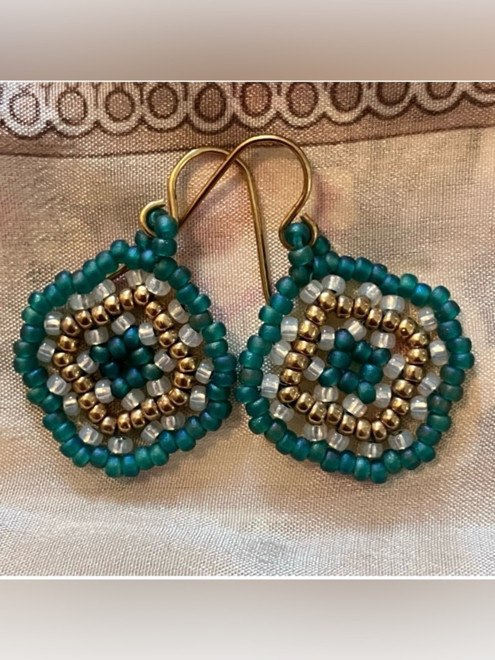 Handmade Miyuki Beaded Turquoise, Gold Mandala Minimalist Artisan Drop Earring